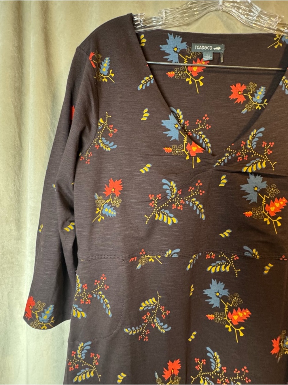Toad&Co Brown Floral V-Neck Dress Feminine Fit and flare Organic Cotton Tencel L - Picture 2 of 8